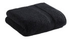 Das Casa Nova Handtuch 50 x 100 cm in Schwarz mit Struktur und glattem Band auf weißem Hintergrund.