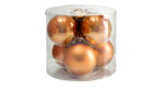 Christbaumkugel-Box 6er-Set: Sechs leuchtend orangefarbene Glas-Ornamente (8 cm) in einem klaren Kunststoffzylinder auf weißem Hintergrund.