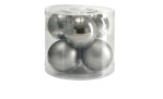 Sechs graue Christbaumkugeln aus Glas (Durchmesser 8 cm) in einer durchsichtigen Box, Christbaumkugel-Box 6er-Set.