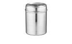 Casa Nova Vorratsdose, silberfarben, Metall, 13 x 9,5 cm mit Deckel, vor weißem Hintergrund.