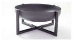 Outdoor Feuerschale 60 cm: runde grau-schwarze Metall-Feuerstelle mit tiefer Schale und modernem gekreuzten Rohrständer.