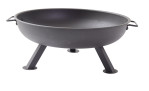 Die Outdoor Feuerschale 56 cm ist rund, schwarz, aus Metall mit drei Beinen und Seitengriffen.