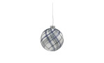Christbaumkugel 10 cm: runde Glas-Weihnachtskugel, blau-schwarzes Karomuster, Silberkappe, Aufhänger.