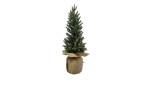 Weihnachtsbaum 43 cm aus Kunststoff und Eisen in grün mit einem braunen Jutestoff am Fuß.