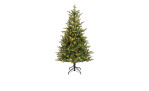 Der Tannenbaum Allison II 150 cm ist ein grüner Kunstbaum mit gelben Lichtern auf einem schwarzen Metallsockel, Ø 97 cm.