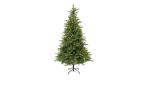 Der Tannenbaum Allison II 210 cm mit Lichtern steht auf schwarzem Metallständer vor weißem Hintergrund.