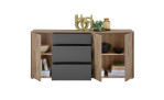 Sideboard Nancy, in der Farbausführung Viking Oak mit grau, mit offenen Schubläden und Türen, Frontansicht