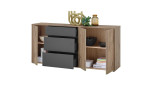 Sideboard Nancy, in der Farbausführung Viking Oak mit grau, mit offenen Schubläden und Türen, Schrägansicht