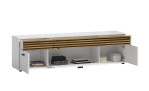 Lowboard Lanzerote, in der Farbausführung Weiß / Evoke oak, Schrägansicht mit offenen Türen, Schubläden und mit Deko