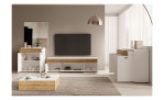Lowboard Lanzerote, in der Farbausführung Weiß / Evoke oak, in einem Raum stehend mit weiteren Artikel der selben Serie