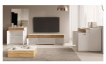 Lowboard Lanzerote, in der Farbausführung Weiß / Evoke oak, in einem Raum stehend mit weiteren Artikel der selben Serie
