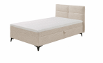 Beiges Boxspringbett Carmen (Einzelbett) mit gestepptem Kopfteil und einer weißen Matratze.