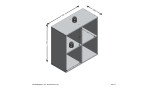 Raumteiler Metro 4 – Skizze des Aufbewahrungsmöbels mit vier Fächern, mit Abmessungen in mm und Gewicht in kg.
