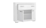 Kommode Sylt in der Farbe weiß mit 2 Türen und einer Schublade, Schräkansicht offen