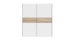 Schwebetürenschrank Nigel in der Farbausführung Weiß mit einer wechselbauchbinde in Sonoma Eiche, Frontansicht geschlossen