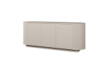 Modernes, sandfarbenes Sideboard Chania mit drei mittigen Türen und abgerundeten, mit Lamellen versehenen Seitenwänden.