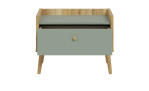 Nachtkonsole Winston in der Farbkombi. Mauvella oak / Salbeigrün, Frontansicht mit offener Schublade