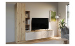 Die Wohnwand Arizon besteht aus einem hohen Schrank aus Artisan-Eiche neben einer modernen, niedrigen Medienkonsole mit zwei weißen Schubladen und einem Fernseher.