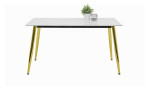 Esstisch Xanten mit einer rechteckigen Tischpaltte aus Echtstein Marmoroptik in weiß und einem goldenem Vierfuß Metallgestell. Frontalnsicht.
