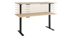 Schreibtisch Melanie mit einer Tischplatte in Artisan Eiche und einem schwarzen Gestell. Frontalansicht. Ausgefahrene Ansicht.