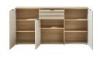 Sideboard Inka in Kaschmir mit Absetzungen in Riva Eiche Nachbildung von vorne mit geöffneten Türen.