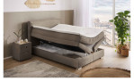 Boxspringbett Alice in der Farbe Taupe mit beiden geöffneten Bettkästen  im Schlafzimmer