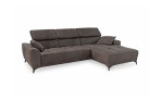 Wohnlandschaft Damian: dunkelgraues Sofa, kapuzenverzierte Kissen, Sitztiefenverstellung, 2 Kissen, schräge Metallfüße.