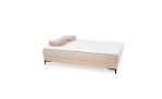 Schlafsofa „Feye“ in Beige mit weißem Aufleger und zwei Kissen, Maße: Breite, Höhe, Tiefe auf Anfrage.