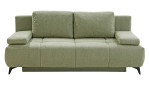 Schlafsofa Giulia: hellgrün, Bettkasten, breite Armlehnen, 2 Sitzkissen, schwarze, schräg gestellte Beine, Vorderansicht.