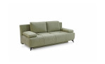 Hellgrünes Schlafsofa „Giulia“ mit Schlaffunktion, gepolsterten Armlehnen und Rückenlehnen sowie kurzen schwarzen Beinen, auf weißem Untergrund.