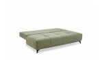 Schlafsofa Giulia: Hellgrünes, modernes Schlafsofa mit Schlaffunktion, gestepptem Design und schwarzen Beinen, hier im ausgeklappten Zustand abgebildet.