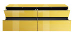Lowboard Couleur in der Farbe Goldgelb mit geöffneten Klappen und Schubladen, von vorne
