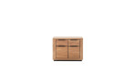 Kommode Grazia: Helles Holz, 102 x 40 x 80 cm, zwei Schubladen und Türen mit schwarzen Griffen.