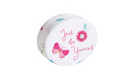 Rundes weißes Steckkissen Just be yourself mit rosa Schmetterlingen, Blumen und dem Motiv "Just be Yourself" als Akzent.