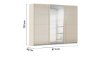 Schwebetürenschrank Kiel in der Farbe Champagner mit einer Spiegeltür, Schrägansicht mit Maßen
