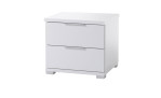 Nachttisch Svenja in weiß. 2 Schubkästen mit Kunststoffgriffen. Schräg von links abgebildet.