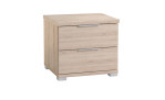 Nachttisch Svenja in der Farbe Eiche Sonoma. 2 Schubkästen mit Kunststoffgriffen. Schräg von rechts abgebildet.