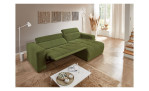 Wohnlandschaft Leona in Grün mit Relaxfunktion, integrierter Ausziehhilfe und Ottomane rechts im modern eingerichteten Raum.