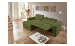 Wohnlandschaft Leona in Grün mit Relaxfunktion und Ottomane links, fotografiert im modern eingerichteten Raum.
