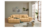 Wohnlandschaft Poppy in Beige mit Ottomane links, Microfaser-Wohnlandschaft im Wohnzimmer mit Couchtisch und Teppich.