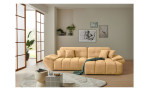Wohnlandschaft Poppy in Beige mit Ottomane rechts, Microfaser-Wohnlandschaft im Wohnzimmer mit Couchtisch und Teppich.