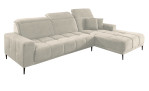 Wohnlandschaft Luan in Creme mit Ottomane rechts, Wohnlandschaft mit Kopfteilverstellung und gesteppten Polstern freigestellt auf weißem Grund.