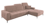 Wohnlandschaft Luan in Rosa mit Ottomane rechts, Wohnlandschaft mit Kopfteilverstellung und gesteppten Polstern freigestellt auf weißem Grund.