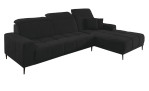 Wohnlandschaft Luan in Schwarz mit Ottomane rechts, Wohnlandschaft mit Kopfteilverstellung und gesteppten Polstern freigestellt auf weißem Grund.