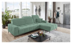 Wohnlandschaft Luan in Mint mit Ottomane rechts, Wohnlandschaft auf grauem Vintage-Teppich vor großen Fensterfronten.