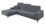 Wohnlandschaft Luan in Dunkelgrau mit Ottomane links, Wohnlandschaft mit Kopfteilverstellung und gesteppten Polstern freigestellt auf weißem Grund.