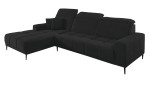 Wohnlandschaft Luan in Schwarz mit Ottomane links, Wohnlandschaft mit Kopfteilverstellung und gesteppten Polstern freigestellt auf weißem Grund.