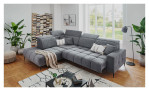 Wohnlandschaft Luan in Grau mit Sitztiefenverstellung und Kopfteilfunktion aus weichem Cord, fotografiert im leicht erhöhten Winkel.
