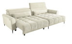 Komfort-Wohnlandschaft Lilly in einem cremefarbenen Cordstoff mit zwei Zierkissen und gezeigter Funktionen.