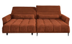 Komfort-Wohnlandschaft Lilly in einem orangefarbenen Cordstoff mit zwei Zierkissen und gezeigter Funktionen.